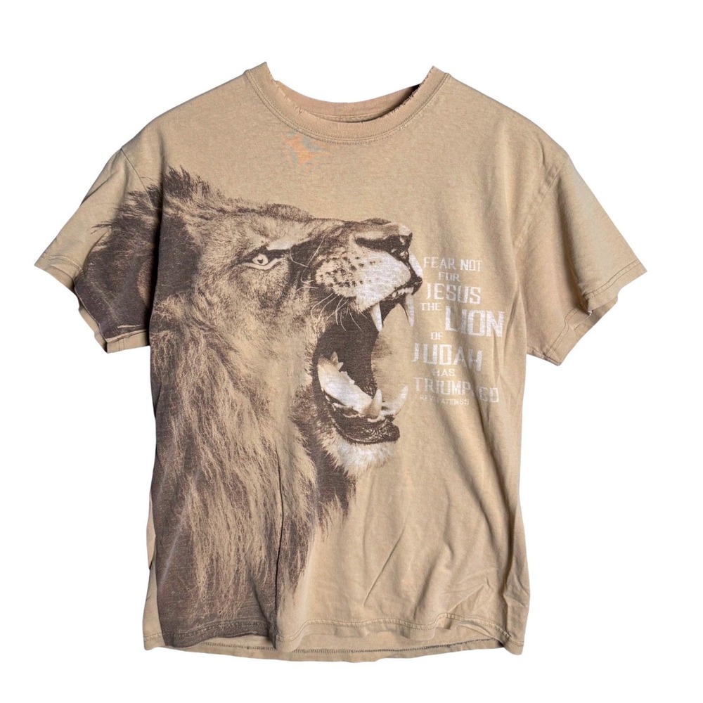 Kerusso Mens Lion of Judah Christian distressed‎ Graphic T-Shirt Tan Cotton Sz M